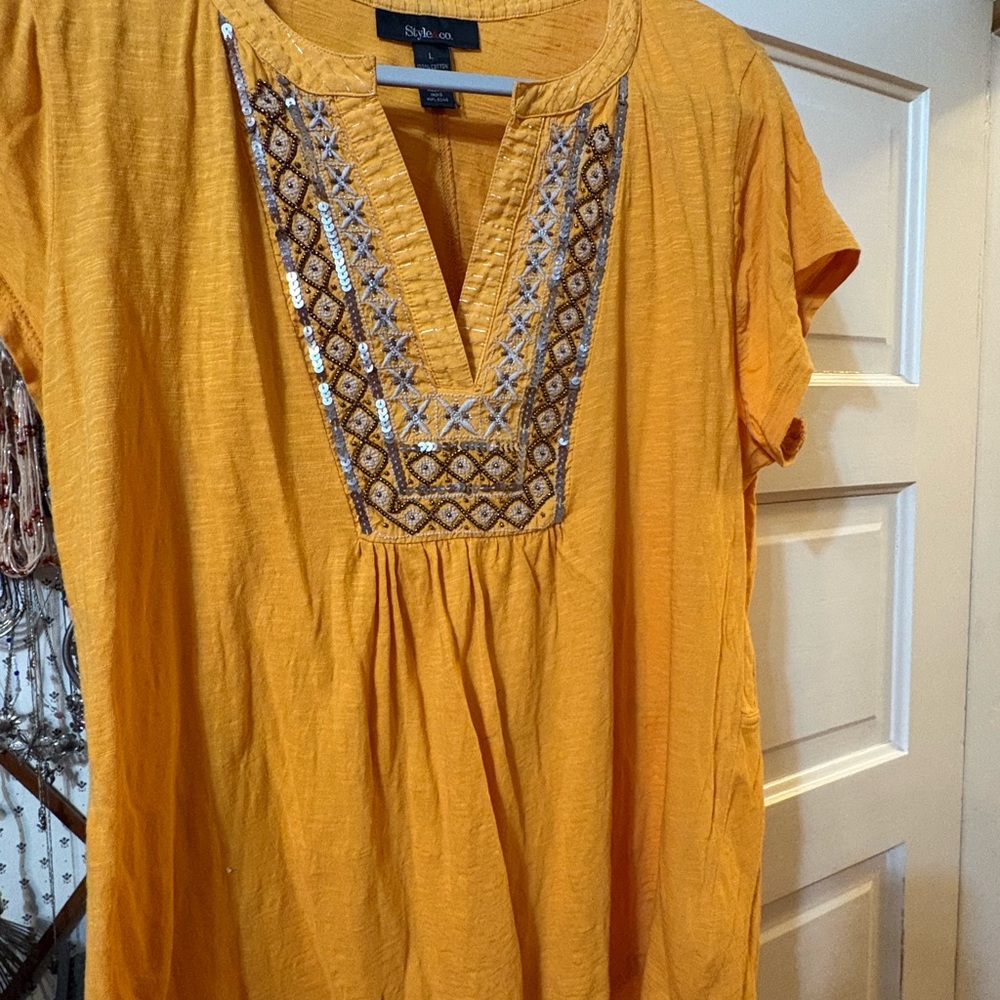 Style & Co. Mustard Yellow Embroidered V-Neck Tunic